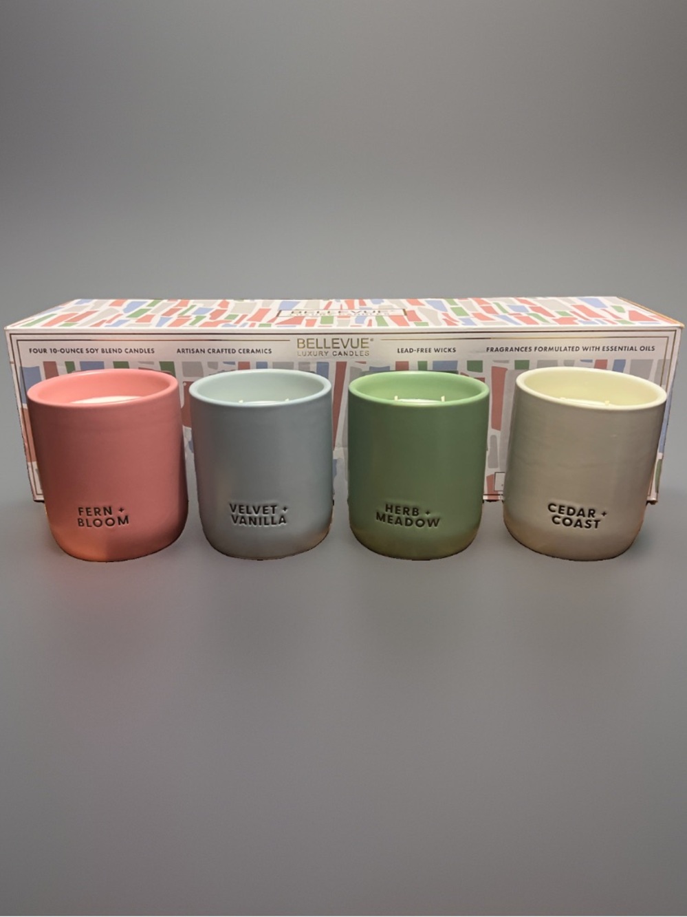 4 BELLEVUE LUXURY SOY BLEND CANDLES ARTISANAL CERAMICS FEATURES LAVENDER VANILLA